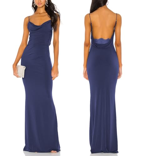 Women Spaghetti Strap Lace Backless Mermaid Maxi Dress Drape Neck Gown(M,Royal Blue)