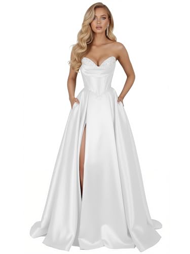 Lxhome Satin Strapless Beaded Prom Dress with Pockets White Size 10