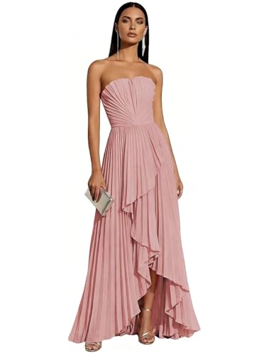 Strapless Pleated Bridesmaid Dresses for Women Hi-Lo Chiffon Formal Gowns | Strapless Women's Bridesmaid Dresses Ruffle Pleats Dusty Rose Chiffon Long Formal Wedding Guest Dress with Slit US4