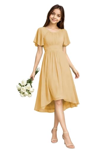 Gnleyane Ruched Junior Bridesmaid Dress Champagne Flower Girl Dress for Wedding Chiffon A-Line First Communion Dress for Girls Size 14