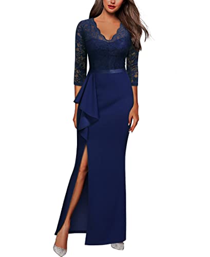 MISSMAY Women's Vintage Floral Lace Ruffle Half Sleeve Evening Party Formal Long Dress (Medium, Navy Blue)