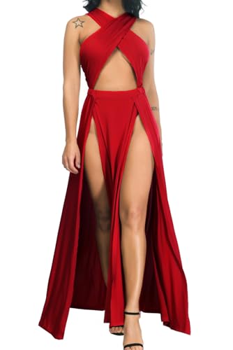 Velius Women Sexy Hollow Out Halter Wrap Sleeveless Plain Pleated Slit Casual Long Maxi Dress (Large, Red)