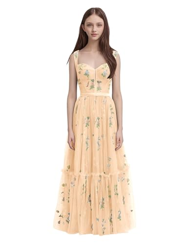 Champagne Flower Girl Dress for Wedding Long 2026 Floral Embroidery Tulle Open Back Junior Bridesmaid Dresses for Teens Elegant Sleeveless A Line Petite Fairy Formal Pageant Gown Size 14