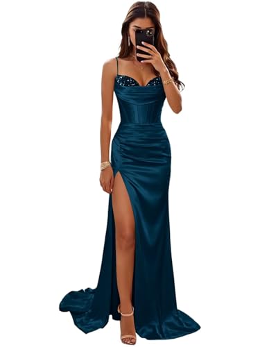 Egorfic Teal Satin Prom Dresses for Women 2026 Sparkly Sequin Beaded Mermaid Corset Backless Ruched Sexy Long Slit Formal Evening Party Gown Size 8