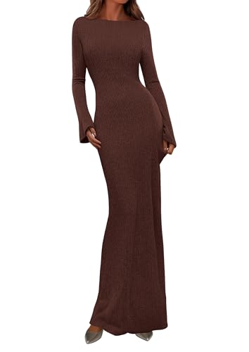 PRETTYGARDEN Women's Fall Long Sleeve Bodycon Maxi Dresses (Coffee,M)