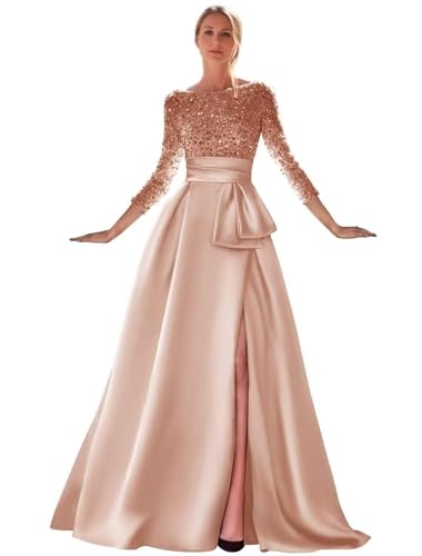 Women's Velvet Sequined Prom Dresses Long Sleeve Sparkly Formal Dress Long Satin High Slit Evening Party Ball Gowns Peach 14
