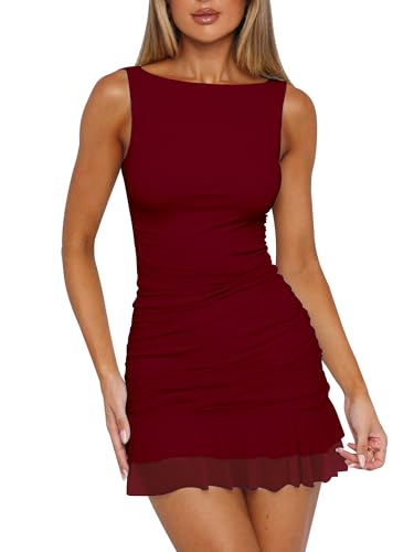 Women's Sexy Bodycon Boat Neck Mini Homecoming Party Dress, XL, Wine Red