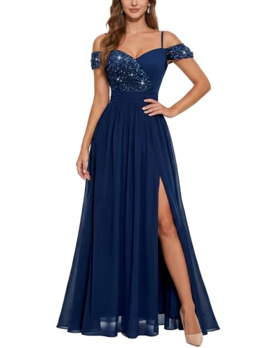 Miusol Women's Off Shoulder Elegant Sequined Split Spaghetti Straps Wedding Maxi Dress (Small, Navy Blue)