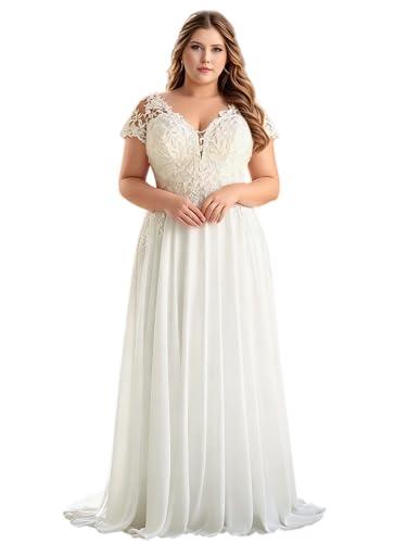 Women's A Line Plus Size Wedding Dress for Bride Lace Appliques Short Sleeve Long Bridal Gown V Neck Chiffon Summer Plus Bridal Dresses