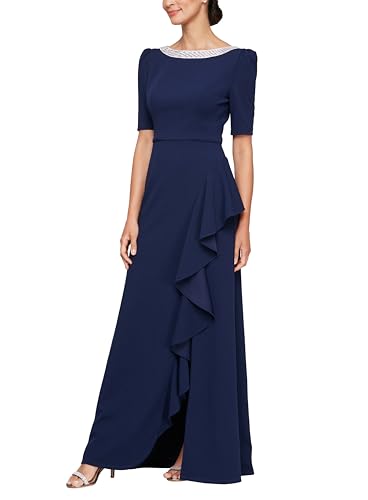 Alex Evenings Women's Long Embellished Neck Mother of the Bride Dress with Elbow Puff Sleeve (Petite and Regular Sizes), Navy, 10P