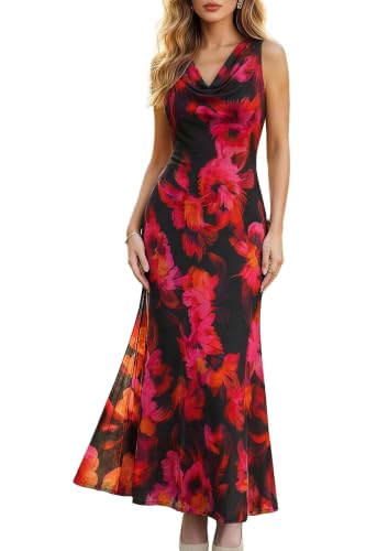 Lesuxa Women's Garden Formal Dresses for Wedding Guest Black Rose Red