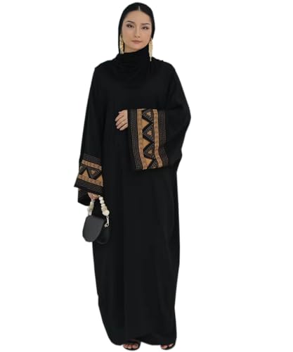 MedeShe White Black Kimono Ethnic Embroidery Abaya Dubai Turkey Muslim Islam Kebaya Dress Robe Abayas (US, Alpha, One Size, Regular, Regular, Black)