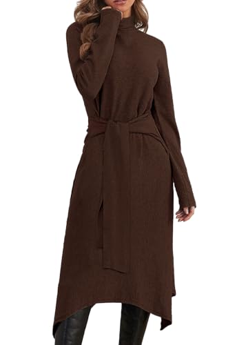 Jayscreate Women's Tie Waist A Line Turtleneck Long Winter Sweater Dress