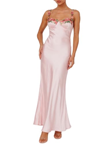 Realtix Satin Spaghetti Strap Floral Maxi Dress for Women Wedding Guest | Elegant,Backless,Long,Sleeveless,Bridesmaid,Evening,Cocktail,Party,Vacation,Garden Party,Sweetheart Neckline,Slit,Midi Dress