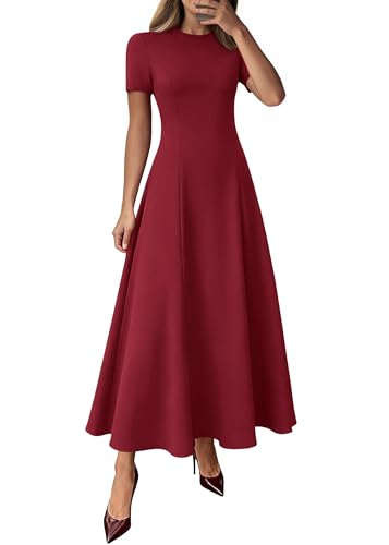 KIRUNDO Short Sleeve Wedding Guest Dresses for Women Formal,Burgundy,L | Crewneck Plain Pleated Maxi Dress, High Waist Flowy, A Line, Fit And Flare, Two Pockets, Cocktail Party Summer Fall Outfits