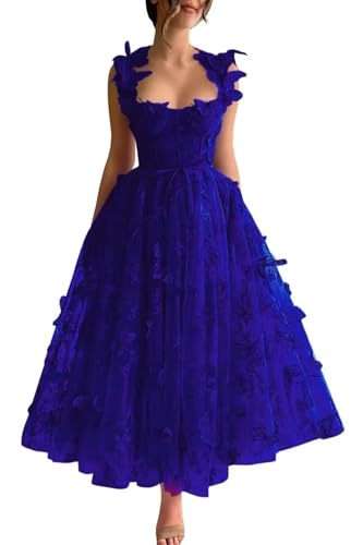 3D Butterfly Tulle Prom Dresses for Teens 2025 Spaghetti Strap Floral Formal Dresses Party Gown for Women Royal Blue US 16