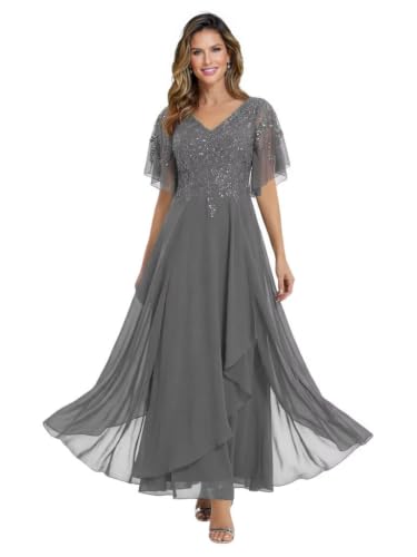 V‑Neck Flutter Sleeve Lace Chiffon Mother of Bride Gown LBJ002 Grey