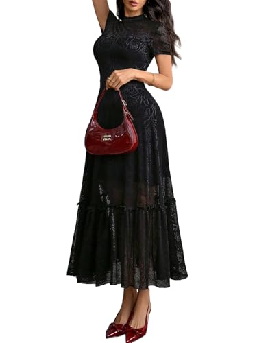 GothDark Women's Lace Floral Short Sleeve Elegant Bodycon Party Midi Dress