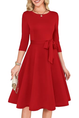RUMIA Elegant Dresses for Women 3/4 Sleeve Cocktail Dress Red XS | Suitable for Cocktail Parties, Church events, Office Wear, Holiday. Vintage A-line, Hide Tummy, Wrinkle-resistant