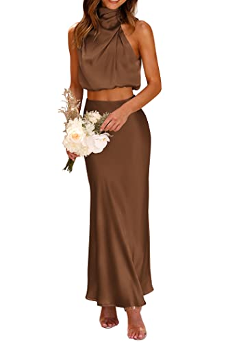 PRETTYGARDEN Women's 2 Piece Outfits Satin Skirt Set Khaki