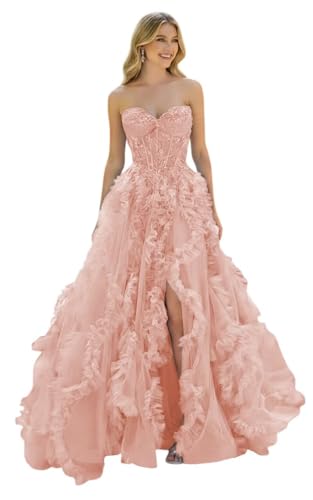 Sparkly Sequin Ruffle Ball Gown Evening Dresses Puffy Tulle Slit Sweetheart Prom Dresses Strapless Formal Party Gown Peach