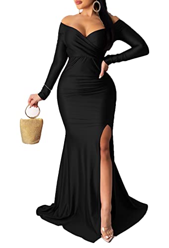 Vakkest Women's Off Shoulder Prom Evening Gowns Sexy High Split Maxi Dress | Long Sleeve Wedding Guest Party Dress,Bridesmaid Prom Ball Gowns,Deep V Neck, High Slit,Bodycon,Semi Formal Dresses