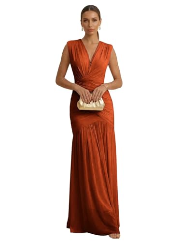 RYANTH Burnt Orange V Neck Formal Dress for Women Long Chiffon Pleated Wedding Guest Dress Mermaid Ruched Evening Dress Sleeveless Size 14