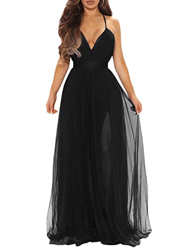XXTAXN Womens Sexy Deep V Neck Split Cocktail Formal Prom Maxi Dress Black