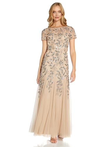 Adrianna Papell Women's Floral Beaded Godet Gown, Taupe/Pink, 10