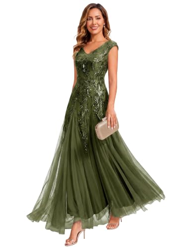 Ever-Pretty Women's Maxi Formal Gowns Sequin Mother of the Bride Dresses | V-Neck, Sleeveless, A-Line, Embroidery, High Stretch, Formal Wedding Guest Dresses, Olive Green US16
