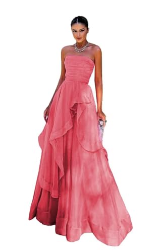 Layered Tulle Prom Dresses Ball Gown Pleated Formal Dress for Women Elegant Strapless Ruffle Coral 2 DR0181