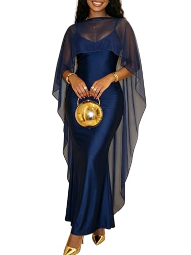 Women’s Satin Bodycon Maxi Dress with Chiffon Cape Wedding Guest Dresses
