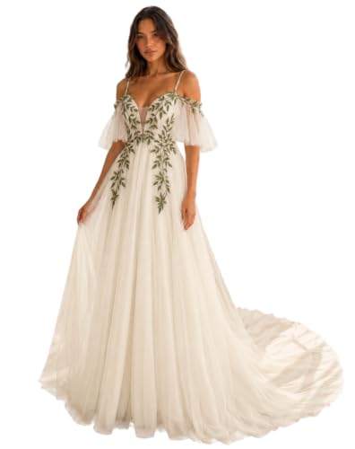 EDECPBM Boho Forest Wedding Dress for Women A Line Bridal Gown | Off Shoulder Tulle Gown with Lace Up Back Botanical Embroidery and Train for Garden Outdoor Wedding Photoshoot Ivory US16
