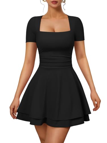 XXTAXN Womens Sexy Square Neck Short Sleeve Flowy Club Mini Dress Black