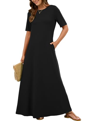KORSIS Women's Summer Black L Dresses Short Sleeve Casual Long T-Shirt Dress Loose Flowy Beach Vacation Sundress with Pockets