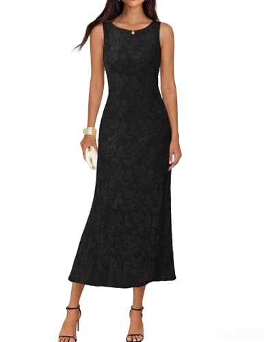 MEROKEETY Womens Summer Floral Elegant Bodycon Maxi Dress, Black, S