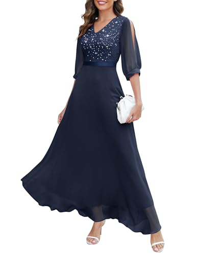 Wedtrend Women's Sequin Formal Dress Elegant Mother of The Bridal Slit Sleeve Evening Gowns 2024 Christmas Party Dress Maxi Prom Dress WT0317NavyXL