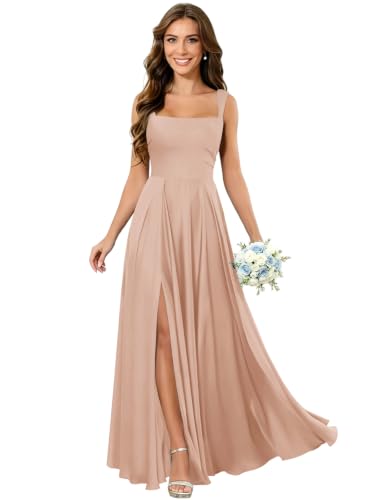 Fukbdz Rose Gold Bridesmaid Dress with Slit Square Neck Corset Satin 18