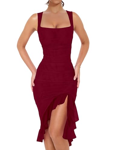 BORIFLORS Women's Sexy Ruched Bodycon Midi Cocktail Dresses,S,Wine Red