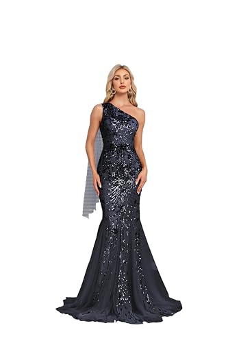 One Shoulder Glitter Mermaid Dress for Mother of The Bride Women's Sexy Sequin Formal Gown Navy Blue M