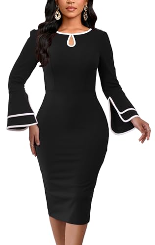 ZonJie Black Church Dresses for Women Bell Sleeves Business Wear to Work Cocktail Party Pencil Casual Dress 409A Black_XX-Large