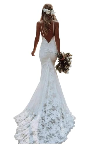 Bohemian Lace Wedding Dresses for Bride 2026 Spaghetti Strap Mermaid Bridal Dress for Women White Long V Neck Wedding Gowns Us6