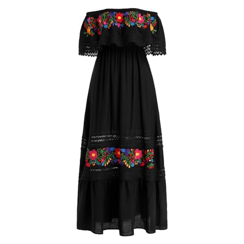 ABEHIK Mexican Dress for Women Traditional Off Shoulder Embroidered Present Casual Sexy Lace Long Maxi Dress Summer Floral Print Cinco de Mayo Fiesta Dresses Black L