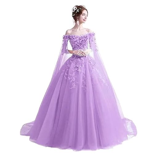 3D Flowers Quinceanera Dresses Ball Gown Gothic Wedding Dress Lavender 0 | off shoulder masquerade ball gowns,tulle quinceanera dresses with cape,lace beaded sweet 16 dress