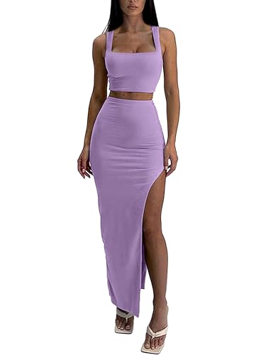 ELLEVEN Two Piece Maxi Skirt Sets for Women Summer Sexy Outfits 2 Piece Sets Sleeveless Square Neck Crop Tank Top and High Side Slit Bodycon Skirt Slim Fit Dress Sets Going Out Outfits Purple Large