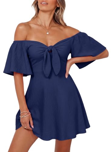 Dokotoo Navy Blue Women's Dresses Outfits Ruffle Elegant Mini Dress Blue | 2026 Summer Fall,Short Sleeve,V Neck,Graduation Party Dress,Elegant,Flowy Beach Vacation Wear,Casual Dress
