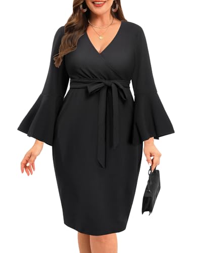 Pinup Fashion Plus Size Cocktail Dresses Black Formal Women Church Funeral Bell Sleeves Wear to Work Dresses 22W