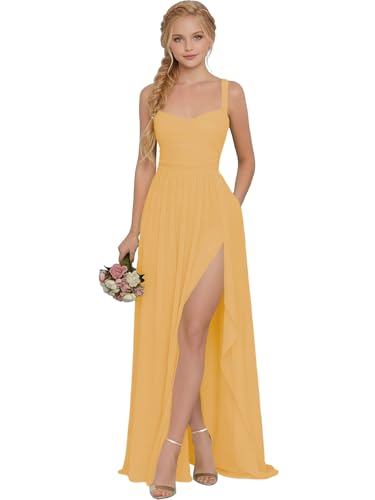 TPonline Junior Bridesmaid Dress for Wedding 2026 Elegant Chiffon Flower Girls Gold A-Line Formal Dinner Maxi Gown for 11 Year Old TP992-Gold-11
