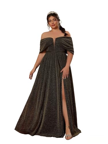MIMIFINA Women's Plus Size Sparkly Off The Shoulder Deep V Neck High Slit Glitter Prom Wedding Formal Maxi Dress Prom Wedding Black Gold