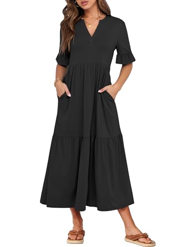 ANRABESS Womens Summer Casual Maxi Dresses Ruffle Short Sleeve Dress Black